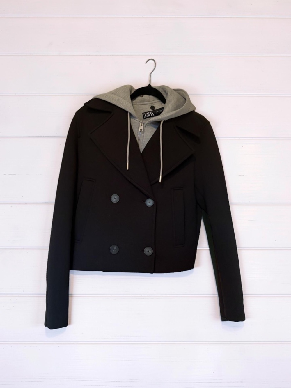 NWOT Zara Black Double-Breasted Cropped Peacoat with Integrated Hoodie - Picture 4 of 7